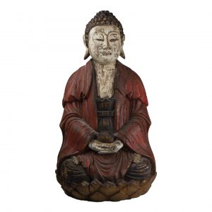 Statue chinoise de Bouddha en position de méditation sur un lotus tenant une boule