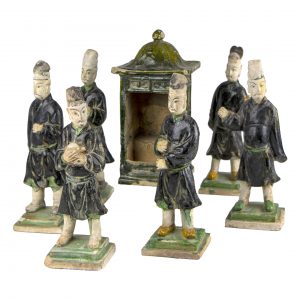 A Chinese Ming Dynasty Palanquin and Six Attendants Vivid Green Glaze Figures