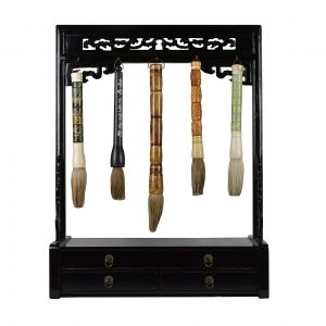 Porte pinceaux chinois de calligraphie avec tiroirs et cinq pinceaux