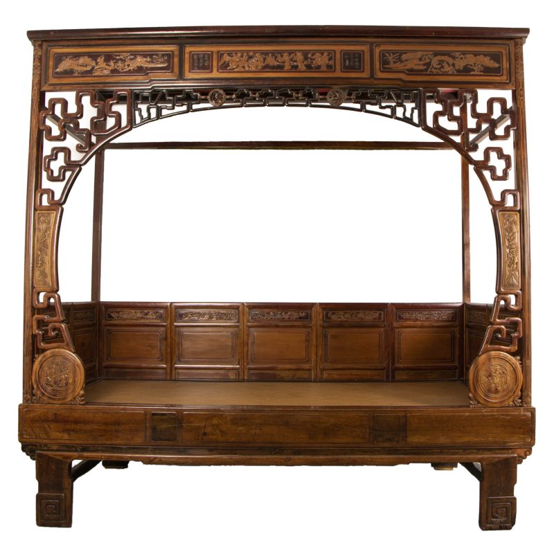 Antique Elaborately Carved Chinese Canopy Bed With Woven Reed Bed/Mattress Platform