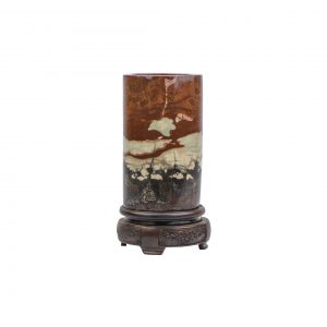 Pierre méditative cylindrique de Chine sur socle en bois sculpté